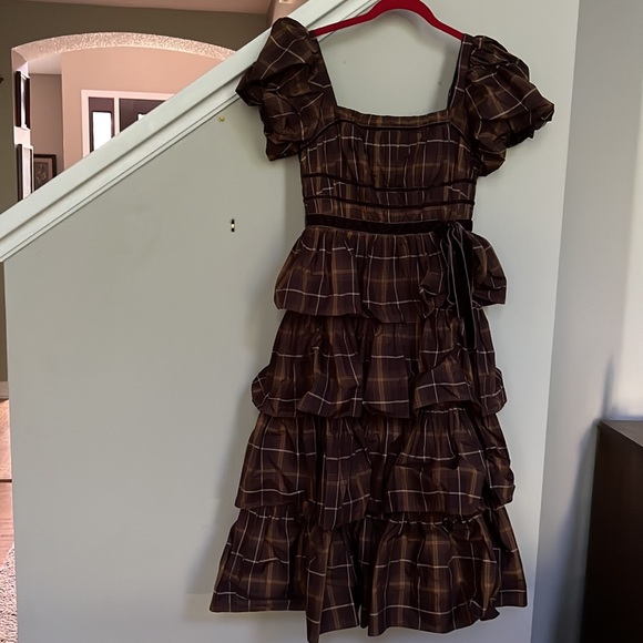 Antonio Melani Maisie Plaid Print Square Neck Puff Sleeve Ruffle Midi Dress - Picture 4 of 13